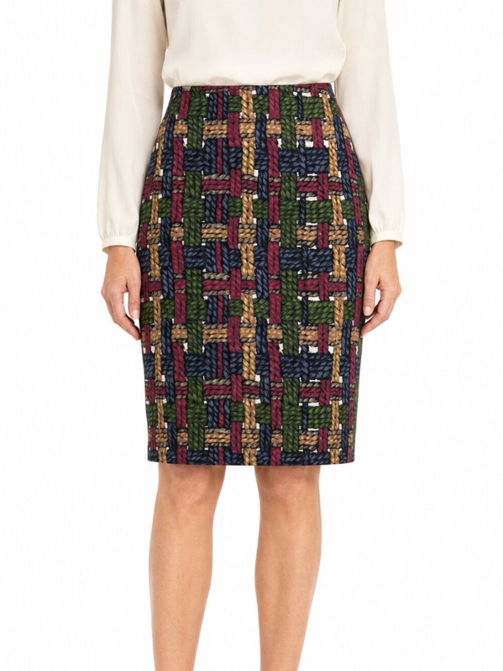Talbots Size 10 Multicolor Basketweave Print Cotton Pencil Skirt Stretch Preppy